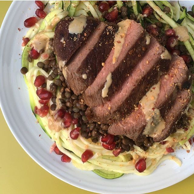 The most delicious Ostrich Fillet with courgetti and puy lentils