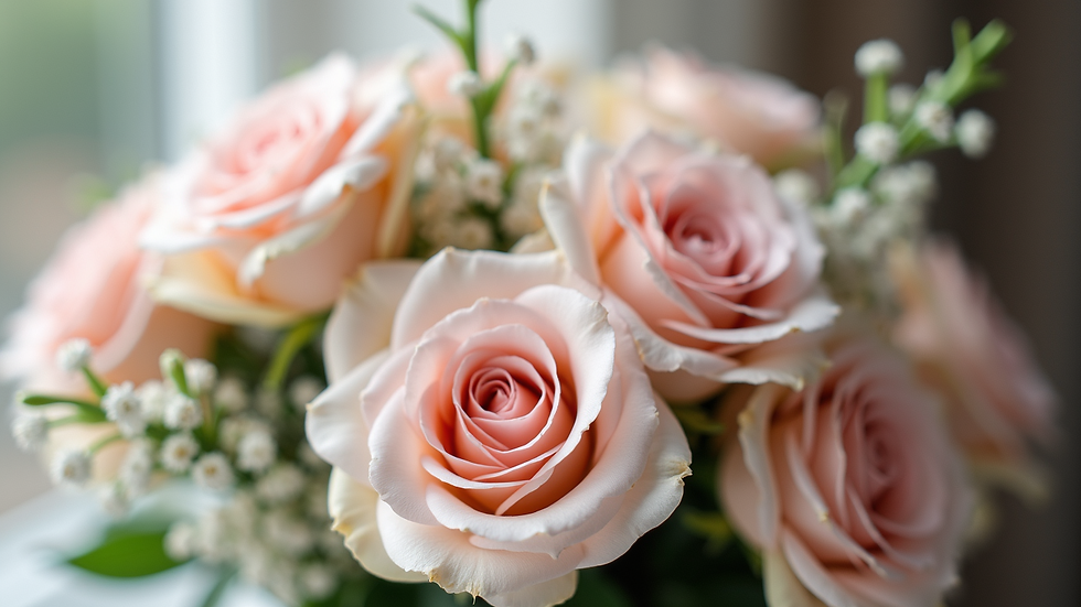 Close-up view of elegant bridal bouquet with soft pastel flowers