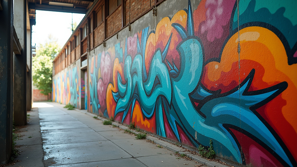 Eye-level view of a vibrant mural on an industrial wall