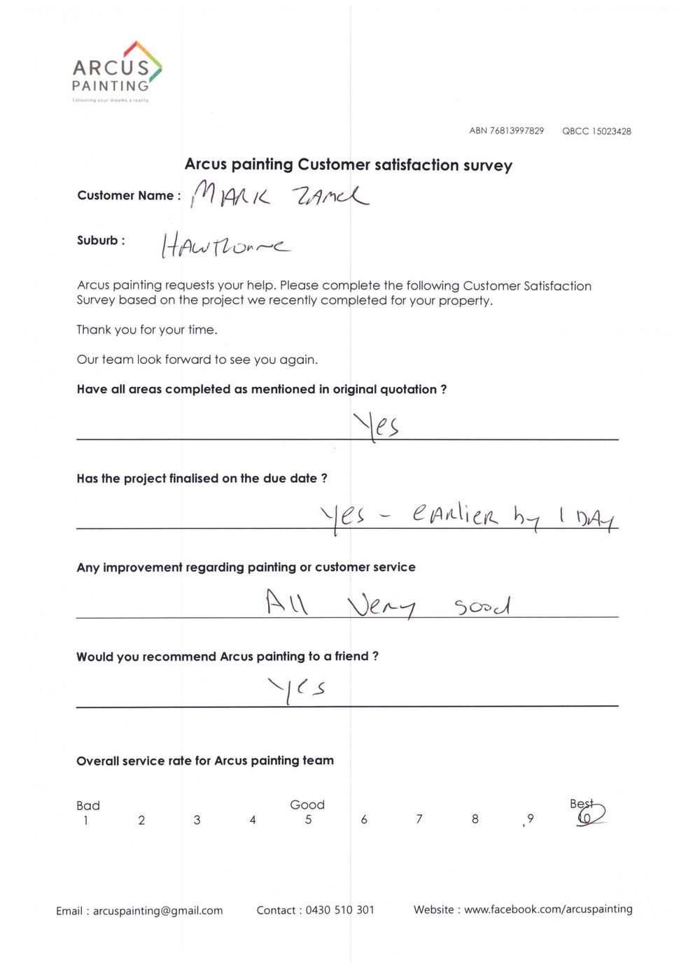 Arcus Painting customer 5 star review Hawthorne Brisbane Mark Zamel