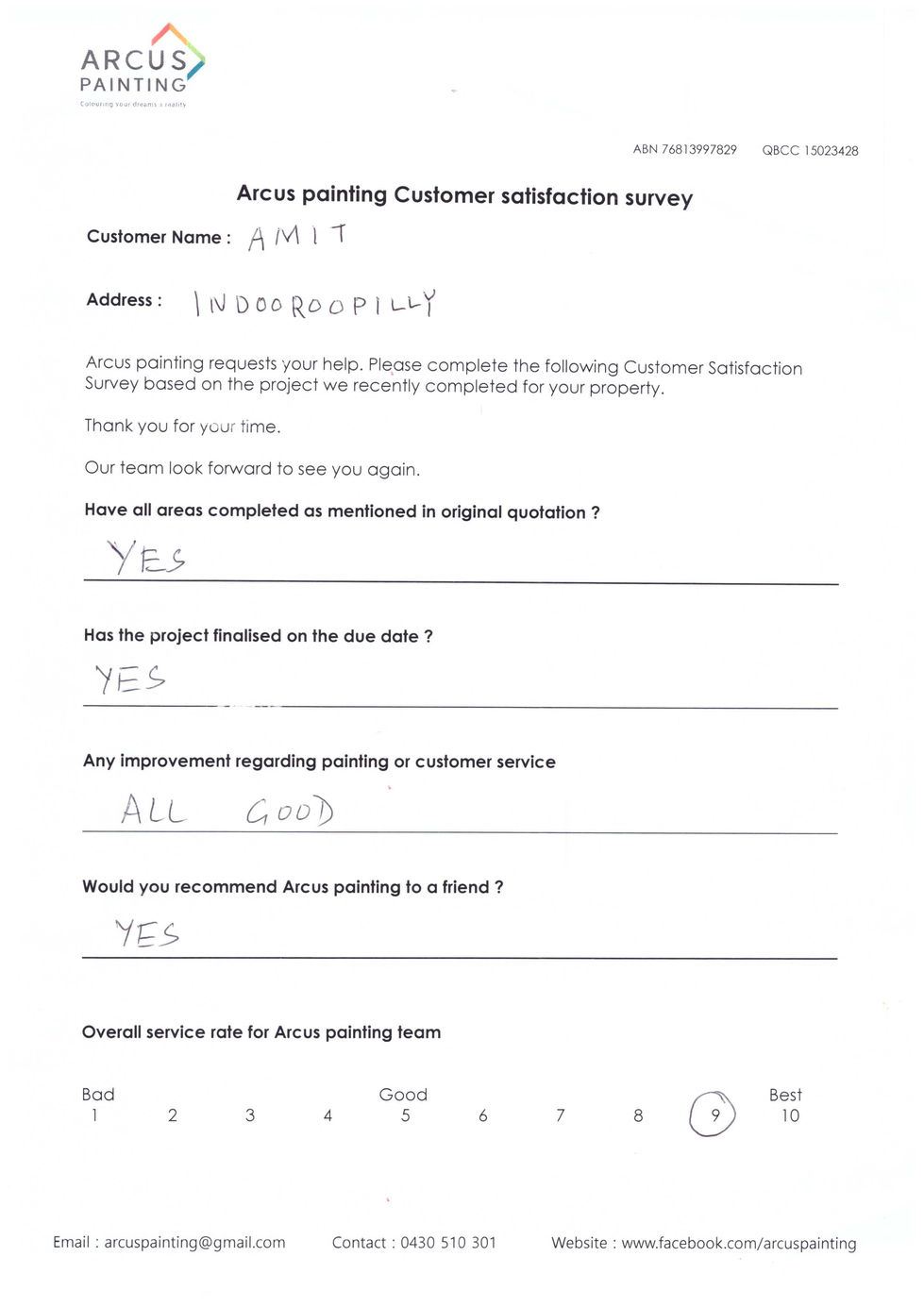 Arcus Painting customer survey reliable Indooroopilly Brisbane Amit