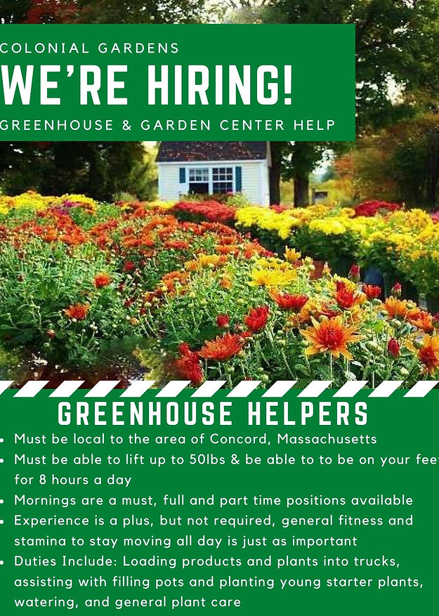 Flyer for working at Colonial Gardens