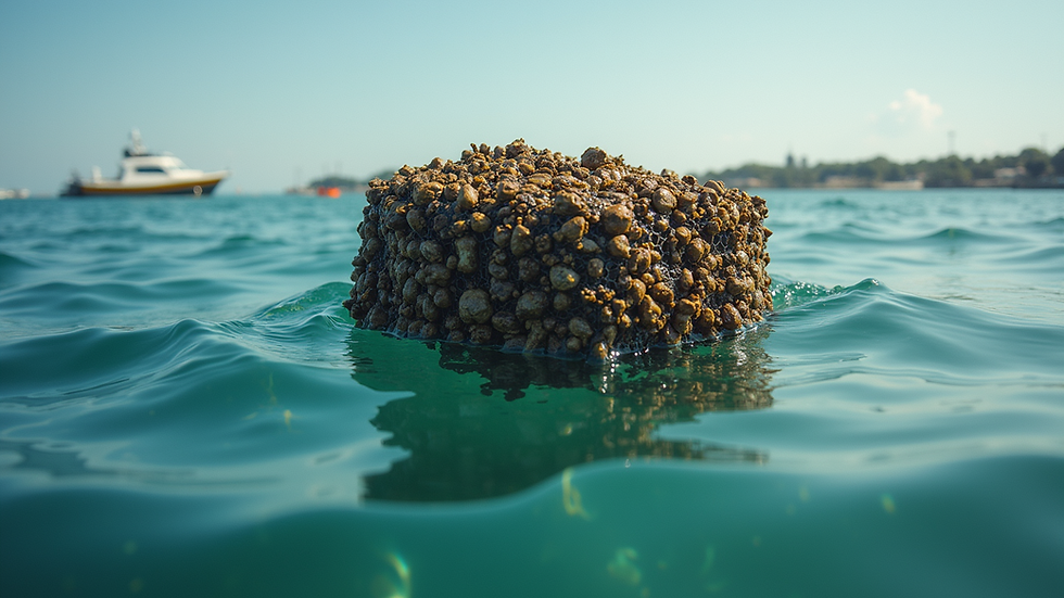 Eye-level view of a floating oyster cage in clear water