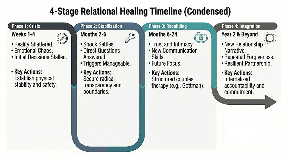 An infographic diagram mapping out the four phases of the affair recovery timeline from crisis to integration, showing a non-linear healing curve.