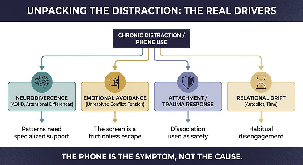 A professional flowchart diagram titled 'Unpacking the Distraction.' It maps four paths—Emotional Avoidance, Attentional Differences (ADHD/Neurodivergence), Trauma Responses, and Relational Drift—showing that the phone is often just a symptom of underlying issues.