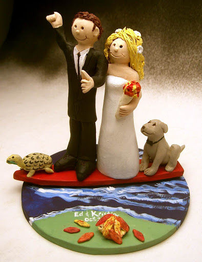 Thumbnail: Surfing Bride and Groom Wedding Cake Topper, Surfers Caketopper