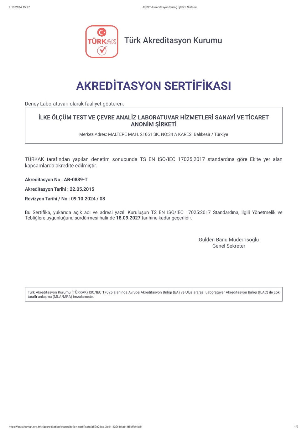 AKREDİTASYON SERTİFİKASI