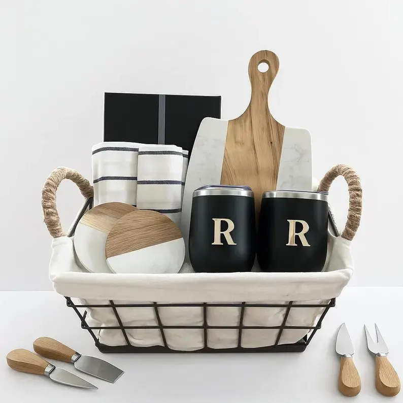 Charcuterie Gift Basket with Cheese Board & Wine Tumblers