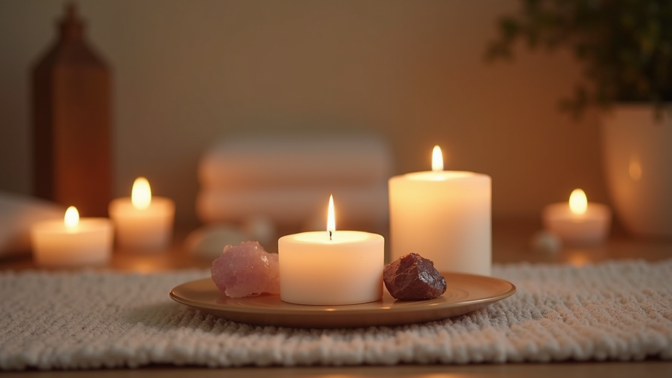 Close-up view of a serene meditation space with candles and crystals