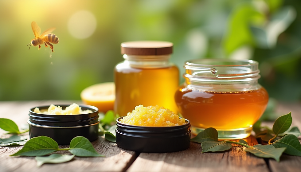 Eye-level view of natural skincare products arranged on wooden surface