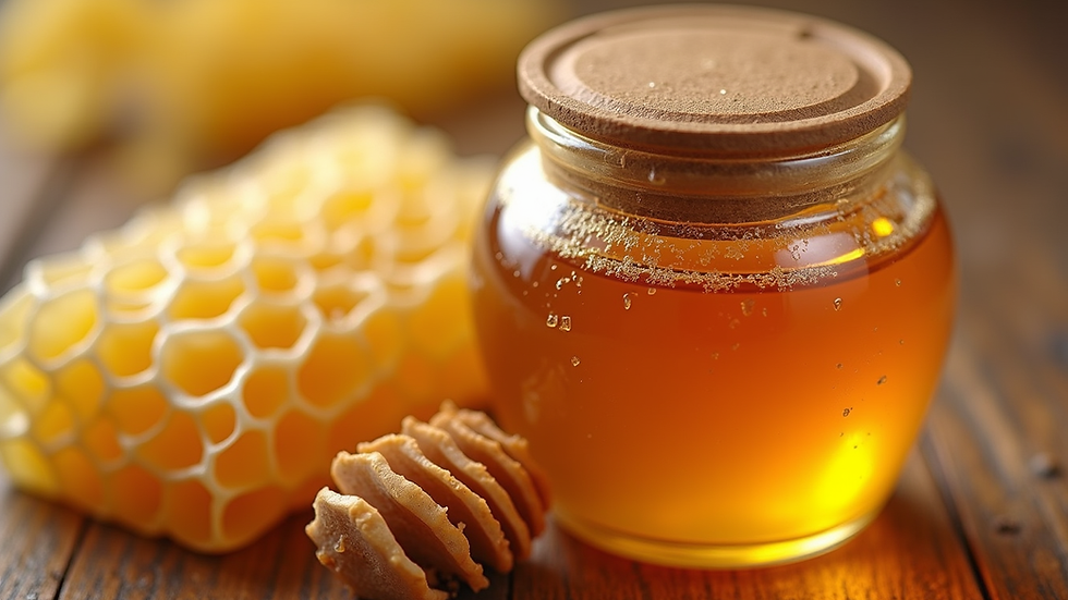Close-up view of natural honeycomb and raw honey jar