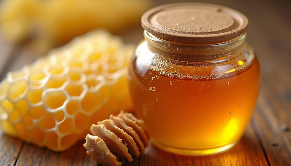 Jar of honey with comb next to it on wood