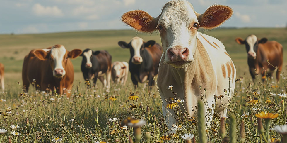 cows in a meadow with flowers and bees