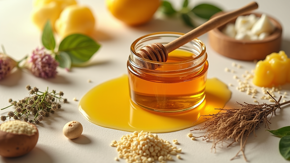 High angle view of natural skincare ingredients including honey, herbs, and tallow