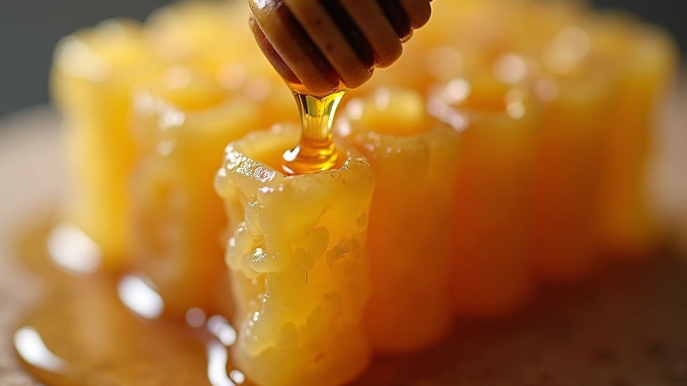 Close-up view of natural honeycomb with raw honey dripping