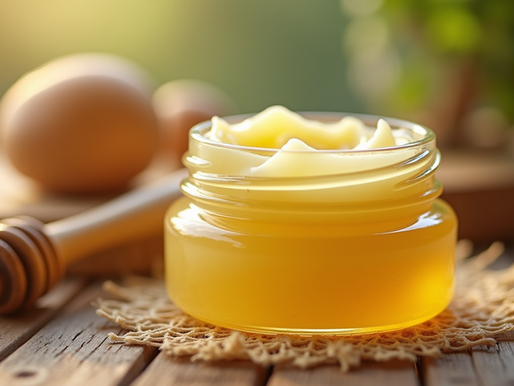 Close-up view of a jar of natural skin balm made from beef tallow and honey