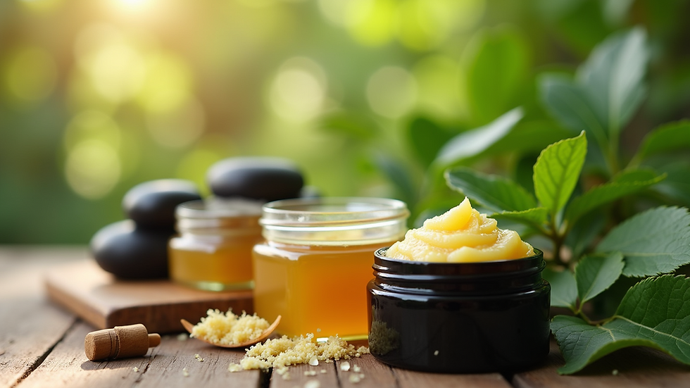 Eye-level view of natural skincare products including tallow balms and honey scrubs