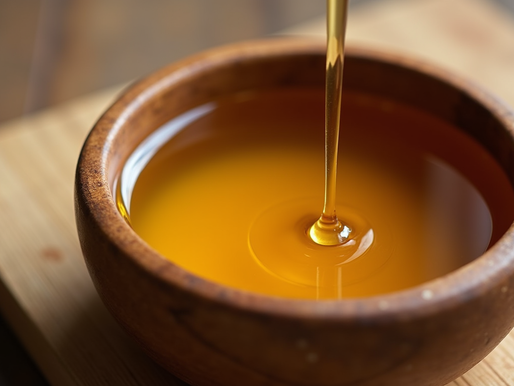 A wooden bowl with honey being poured in