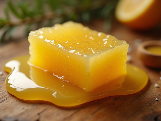 Block of Tallow on rustic wooden board in pool of honey
