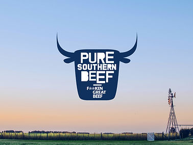 A logo featuring a bull silhouette with the text "Pure Southern Beef " against a serene sunset farm landscape
