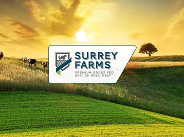 Logo of Surrey Farms featuring text about premium grass-fed British bred beef, set against a sunset landscape with grass