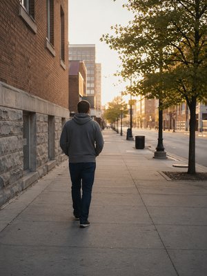 Man in a gray hoodie walks down an empty city sidewalk at sunset, with brick buildings, trees, and warm golden light.
