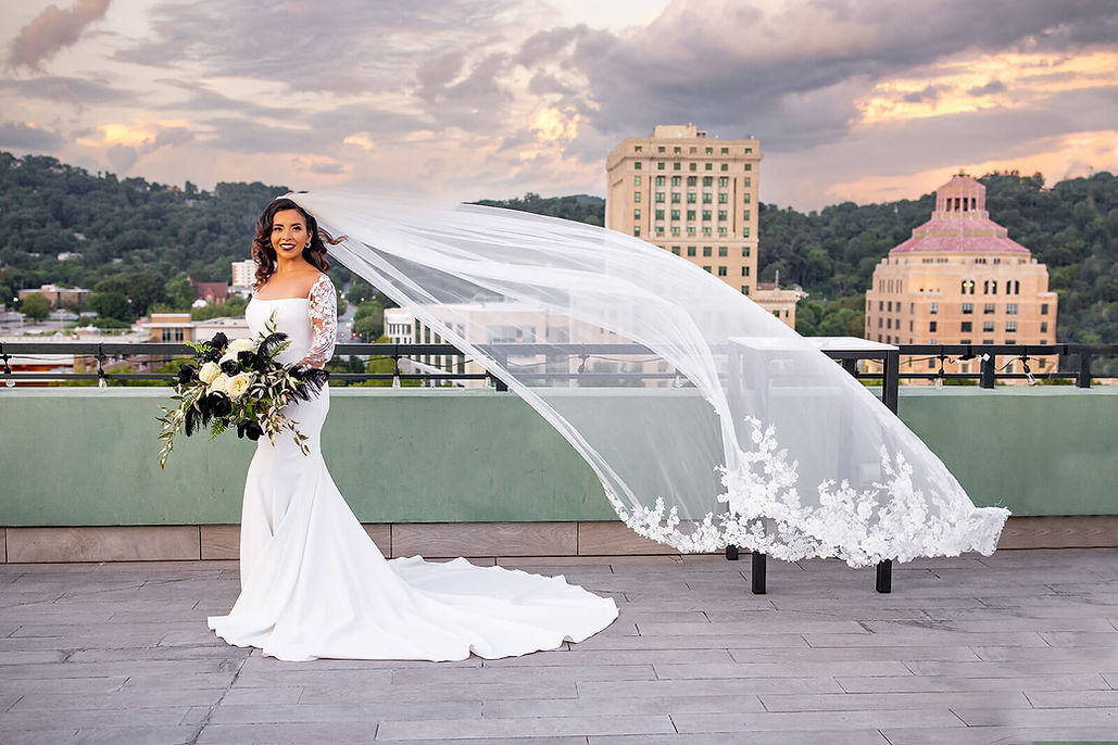 new wife in wedding gown on a rooftop in downtown asheville