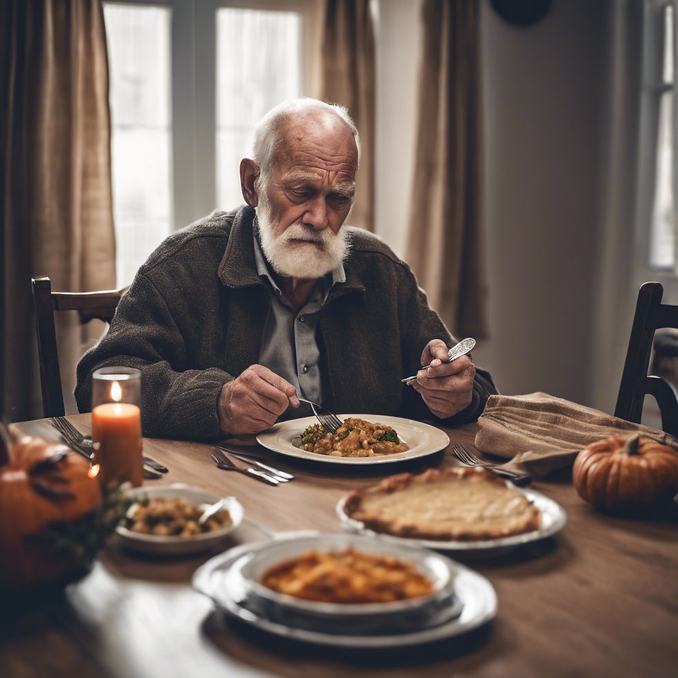 older man eating thanksgiving dinner alone