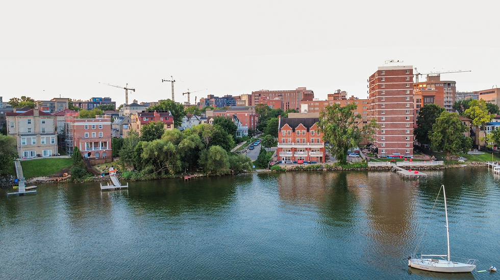 Aerial view of fraternity and sorority houses in Madison, WI. Taken from above Lake Mendota.