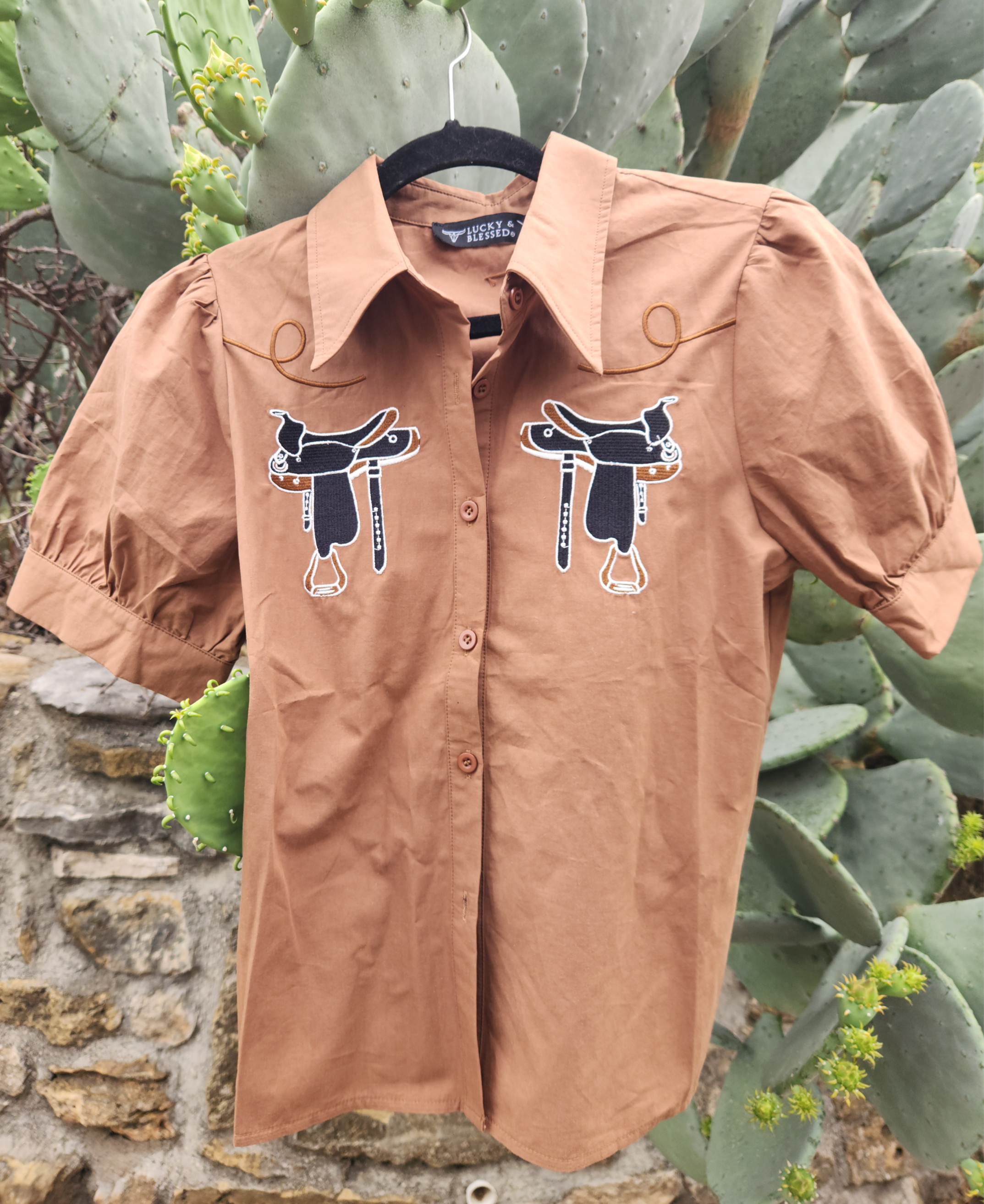 Mocha Saddle Horse Embroidered Puff Short Sleeve Button Down Shirt