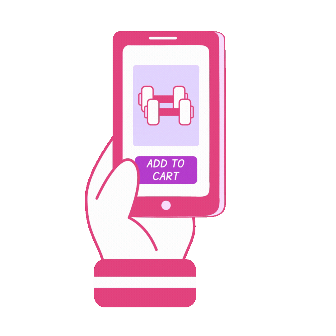 A GIF of a phone in a cartoon person's ad that is clicking the 'Add to cart' button on the phone screen.