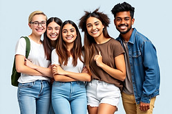 Five happy teenagers who are white, Asia