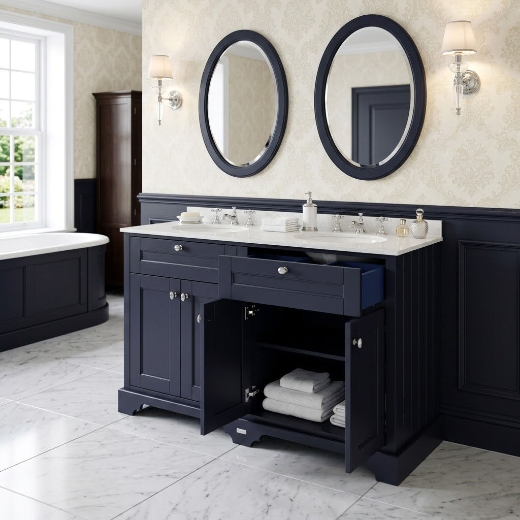 Midnight Royale 1200mm Twin Vanity Cabinet with Round Double Marble Sink