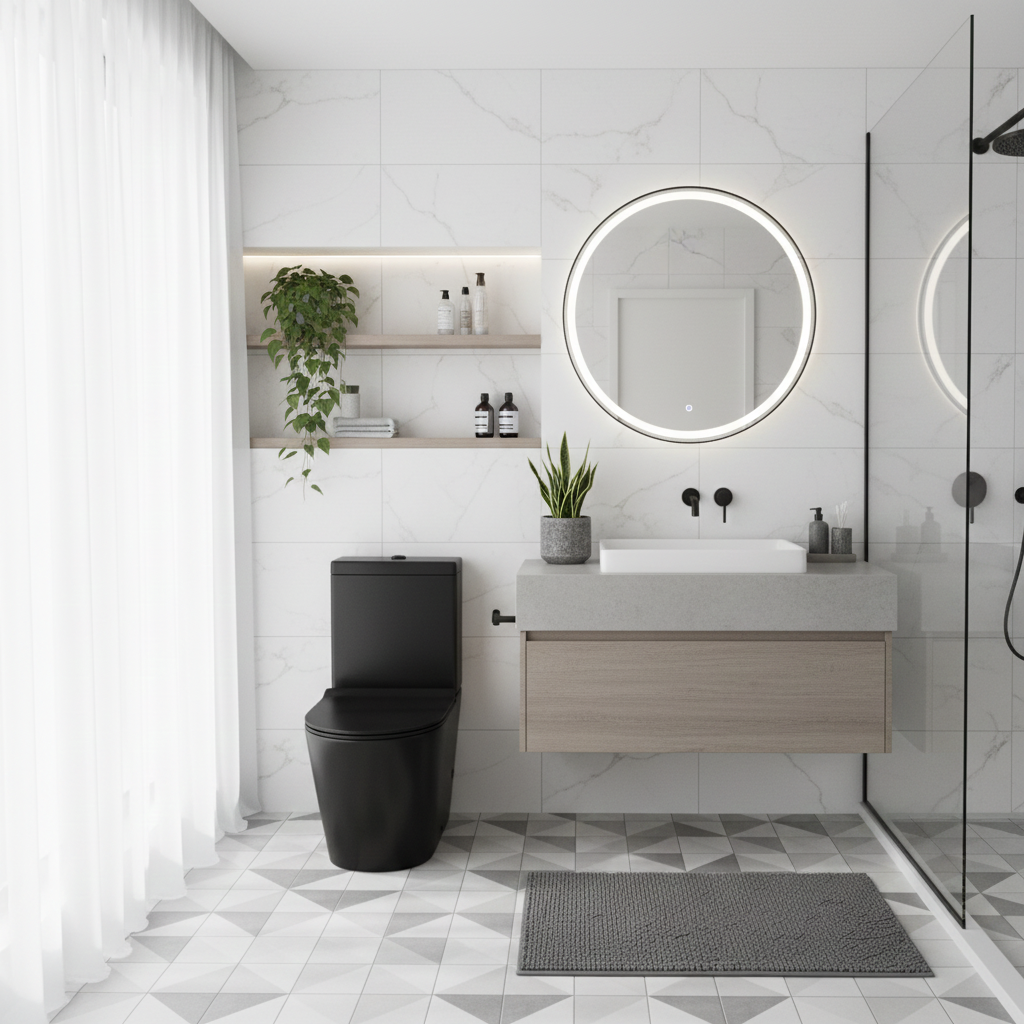NOIR Matt Black Rimless Round Close Coupled Toilet Pan & Soft Close Seat