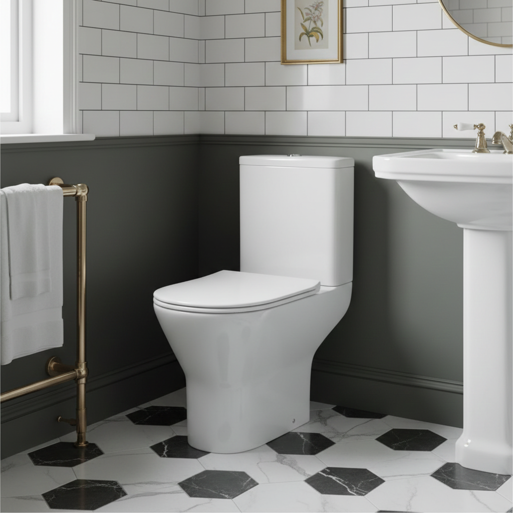 NESE Rimless Close Coupled Toilet Pan & Soft Close Seat