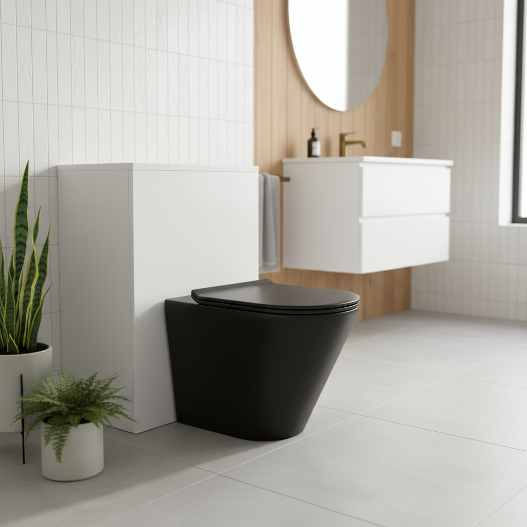 NOIR Matt Black Rimless Round Back to Wall Toilet Pan & Soft Close Seat