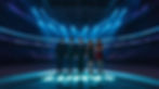 Create a ultra-cinematic photo inside a massive arena glowing in LUHV+ colors_ dark blue-p