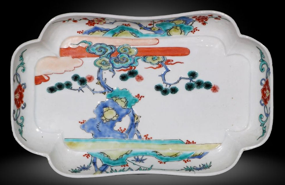 Thumbnail: A Kakiemon nigoshide dish enamelled with Three Friends of Winter, Arita c1700