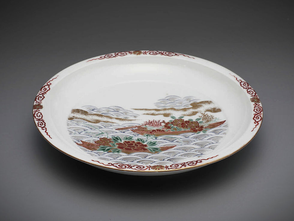 Thumbnail: An early enamelled kin-ginsai Ninsei type Ko-Kutani nigoshide dish c1660-80