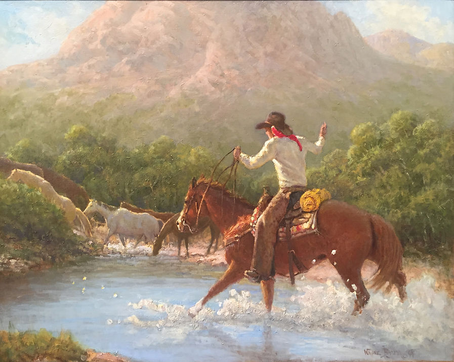 cowboy on horse herds horses across mountain river wayne baize oil painting