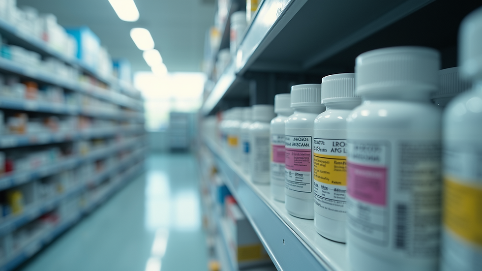Eye-level view of a pharmacy shelf with medication bottles