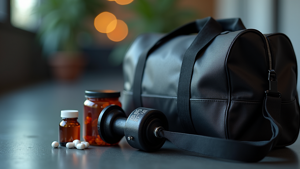 Close-up view of a gym bag with supplements and workout gear