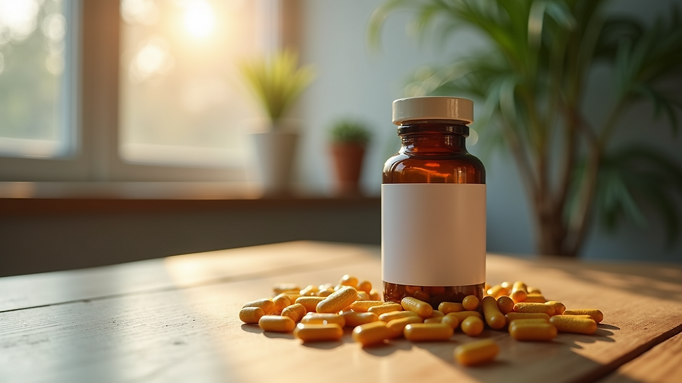 Eye-level view of a bottle of natural supplements on a wooden table