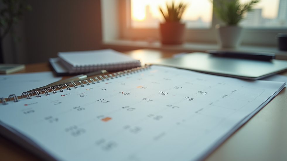 Eye-level view of a calendar and supplements on a desk