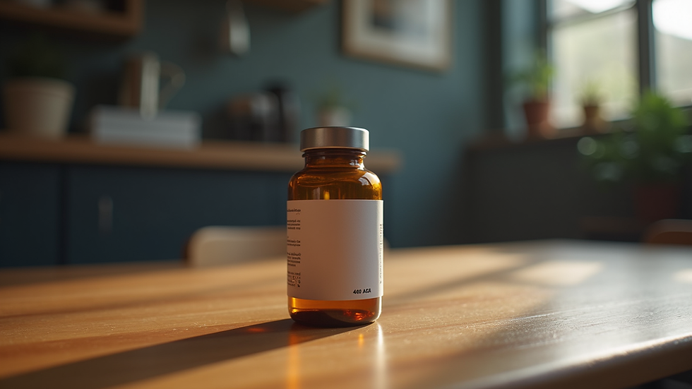 Close-up view of a bottle of anabolic steroids on a wooden table
