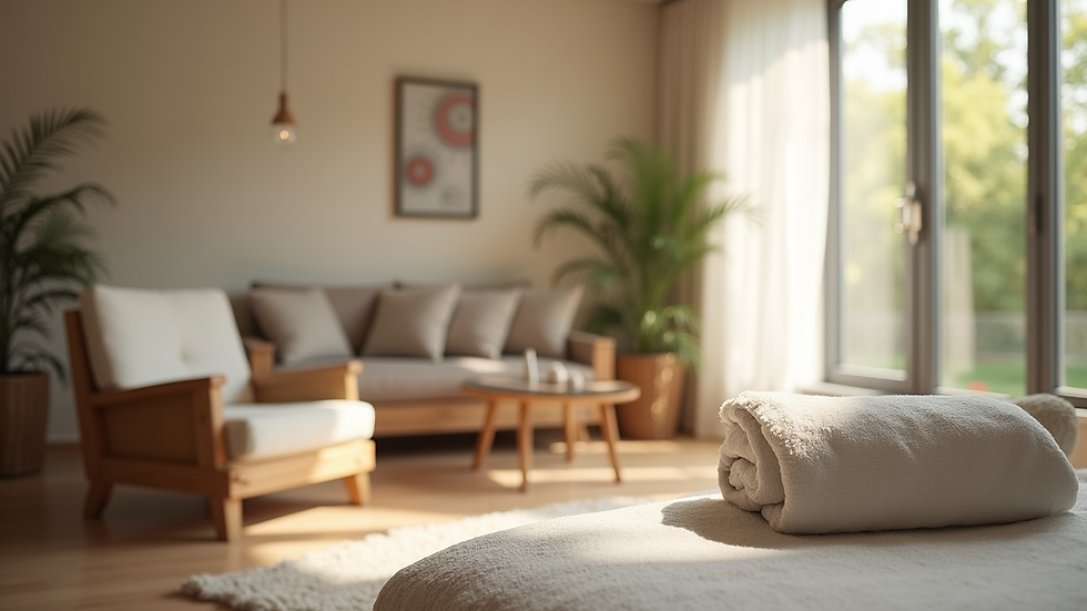 Close-up view of a serene therapy room with comfortable seating
