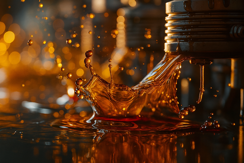 Oil splashing with water droplets, Chemlube product for automotive applications.