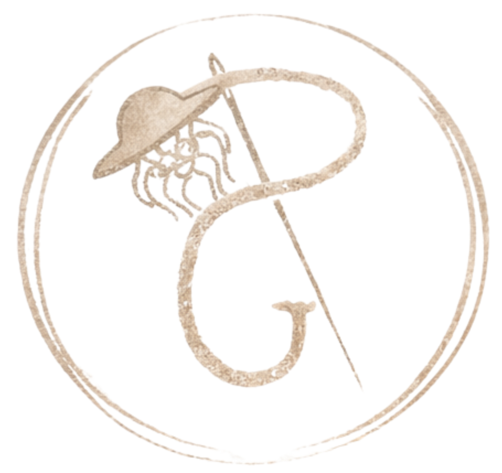 Circular rustic logo with stylized "RG" letters, hat, and staff.