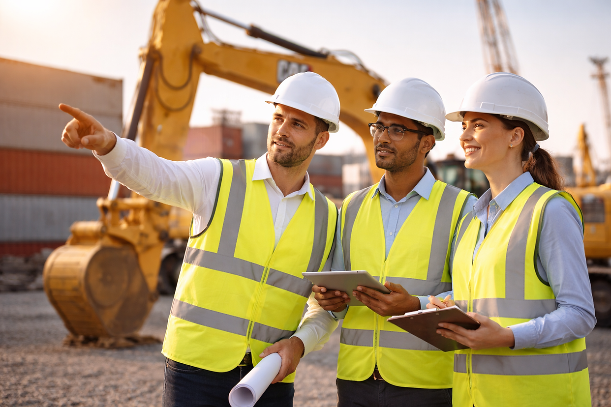 Construction team on site, one pointing