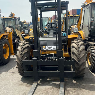 Yellow JCB telehandler, front view